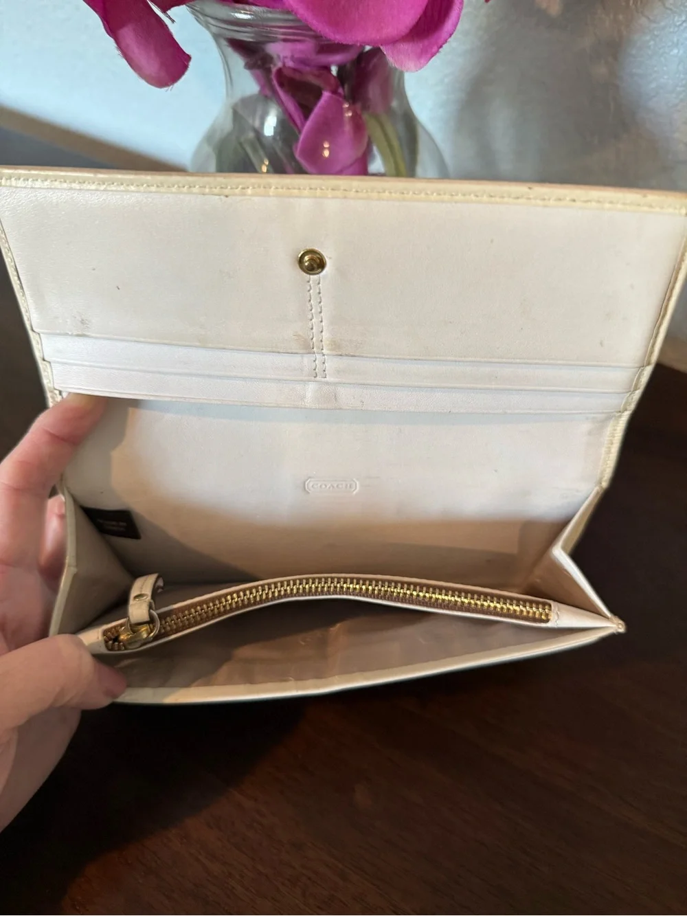 Coach Signature C Canvas in Brown and Tan with Cream Leather Trim Long Wallet